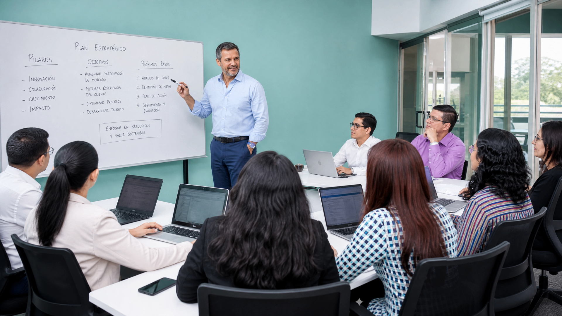 Pancho Bello facilitando una sesión de planificación estratégica con un equipo directivo